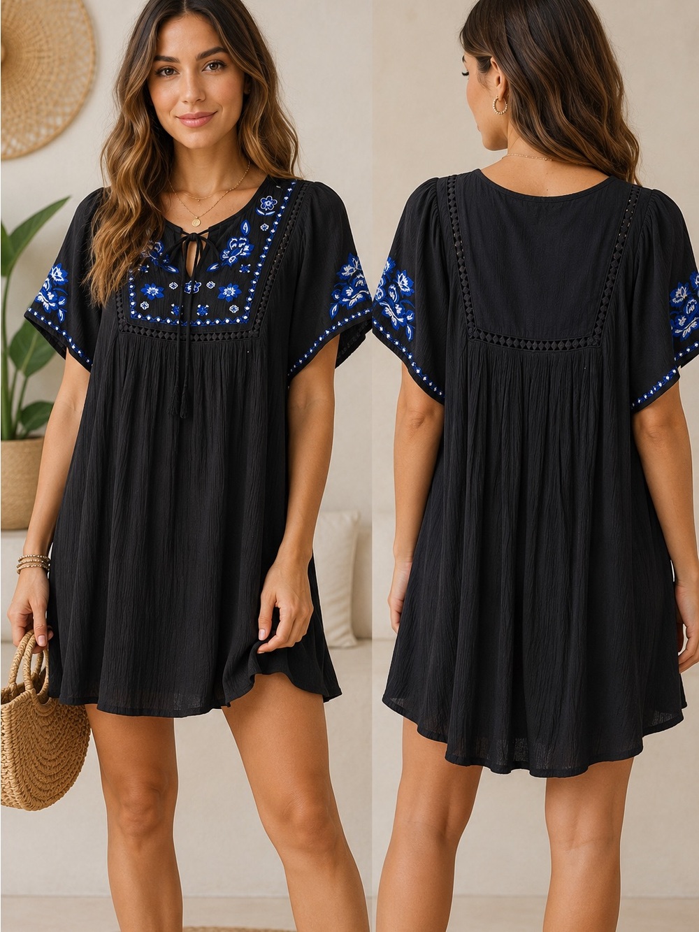 Blue Rain Black Embroidered Boho Mini Dress XS Blue Floral Tassel Bell Sleeve
